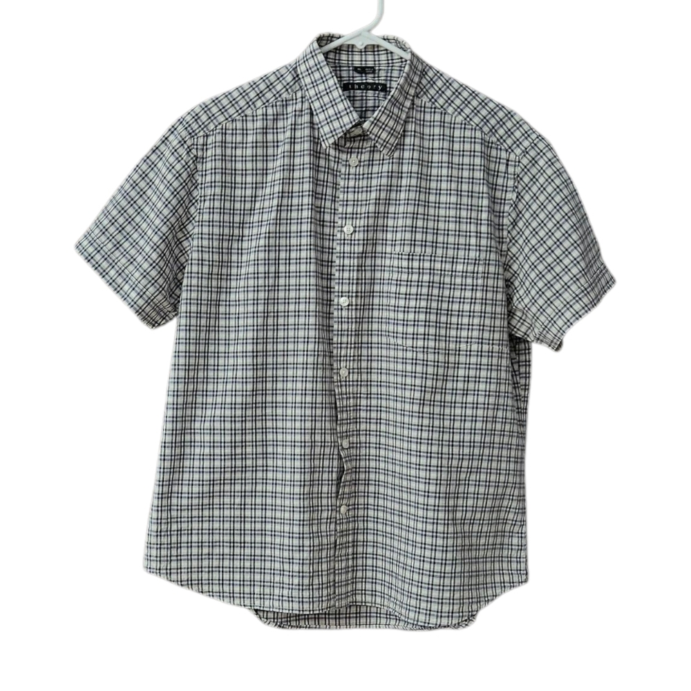 Theory Kyson Shirt Men's XL Short Sleeve Button Up Plaid Cotton Rayon Linen